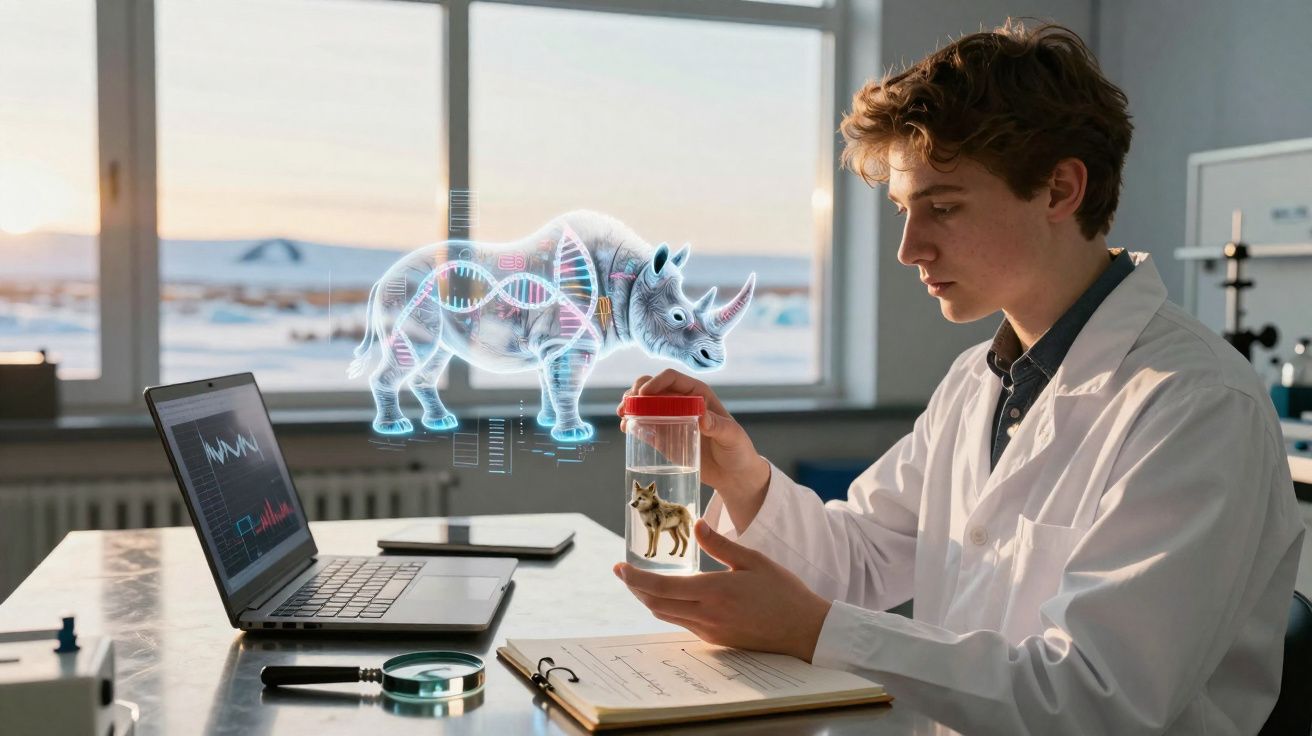 Jovem cientista analisa amostra animal com holograma de rinoceronte e DNA numa sala de laboratório.