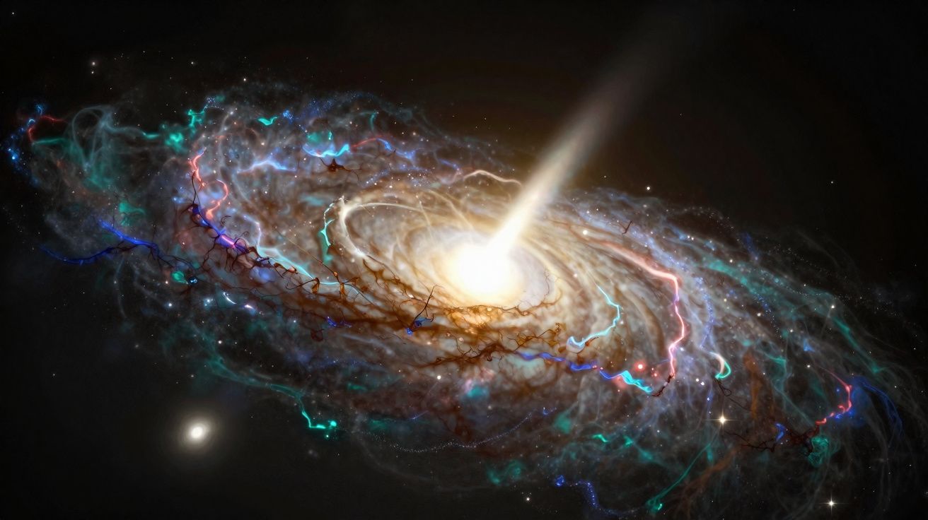 Galáxia espiral com núcleo brilhante e jatos de luz colorida no espaço escuro.