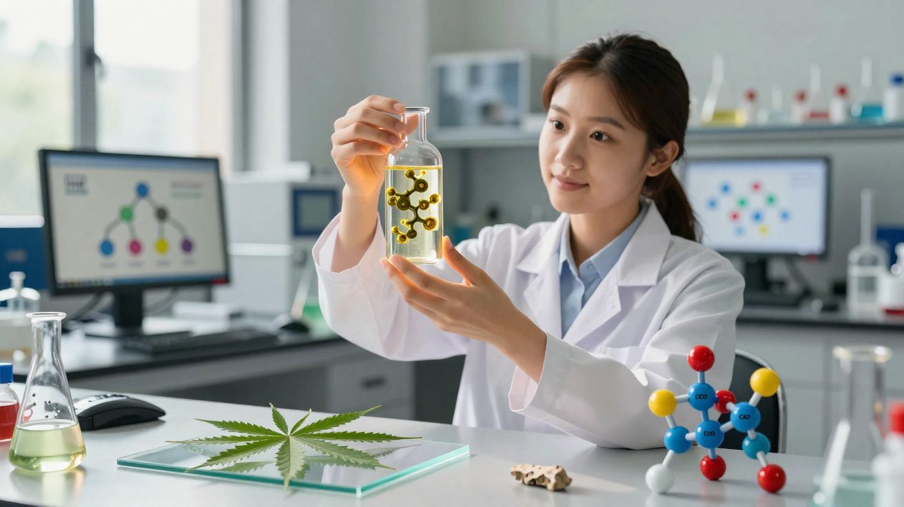 Cientista analisa frasco com líquido amarelo e estrutura molecular num laboratório moderno.