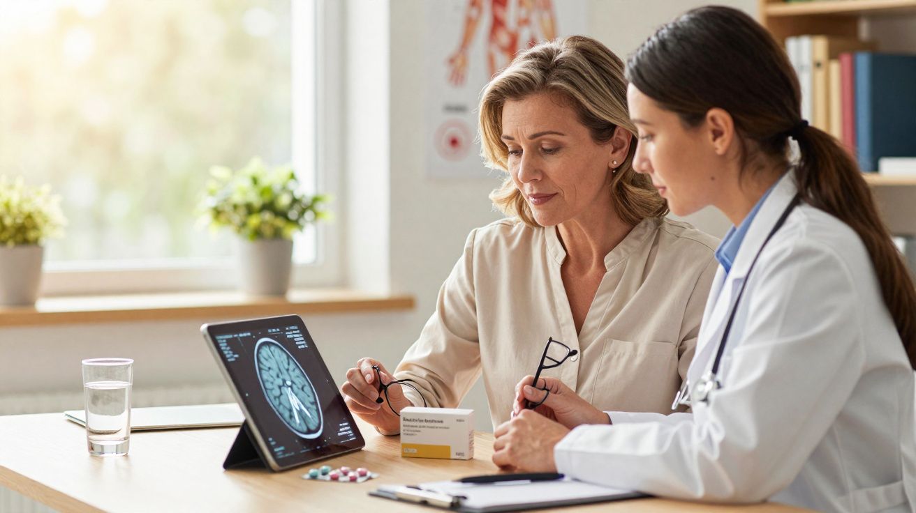 Paciente e médica discutem medicação enquanto avaliam imagem cerebral num tablet num consultório.