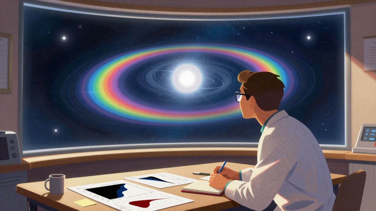 Homem de jaleco observa anel colorido em torno de estrela em grande ecrã numa sala de controlo ou laboratório.