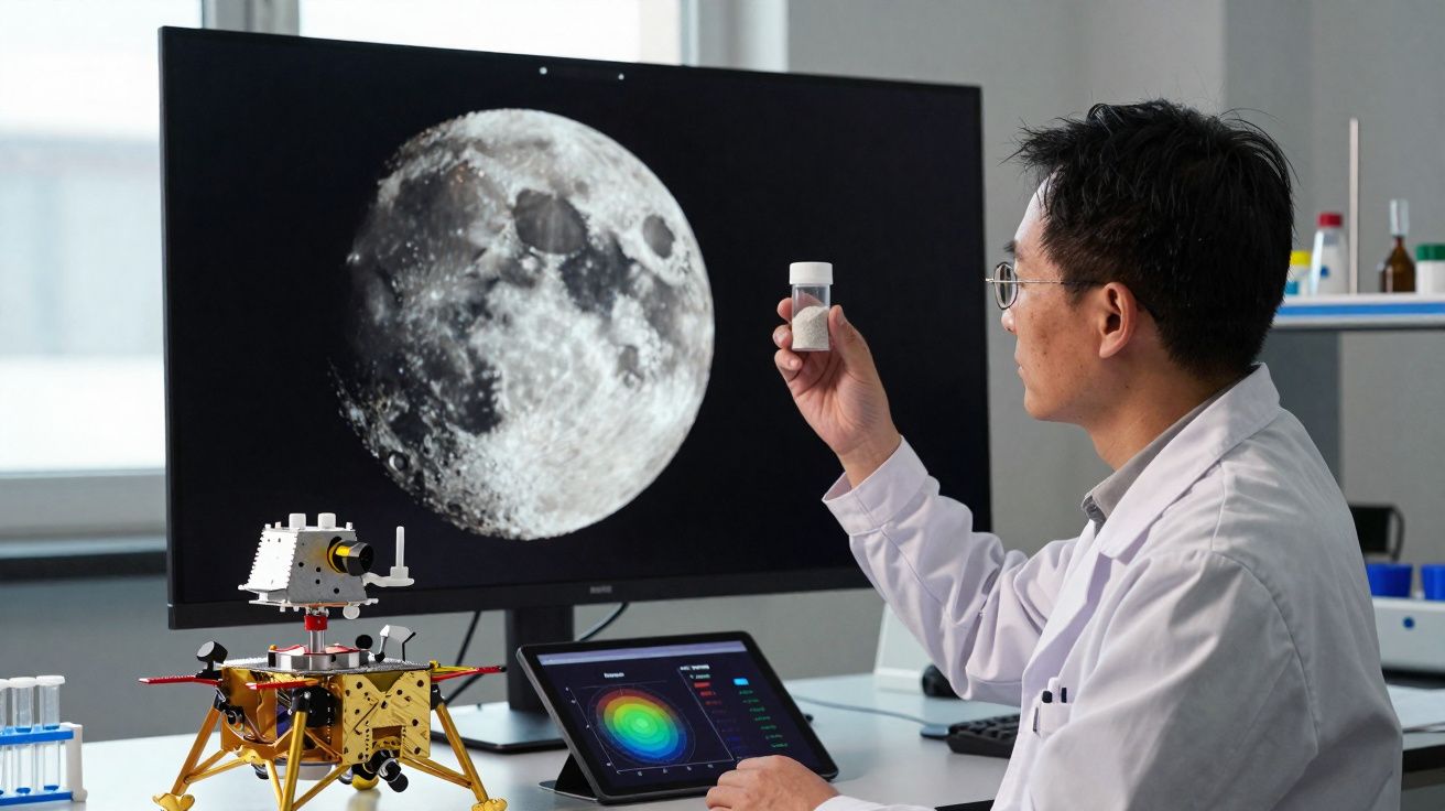 Cientista em laboratório analisa amostra lunar com ecrã de lua e maquete de veículo espacial.