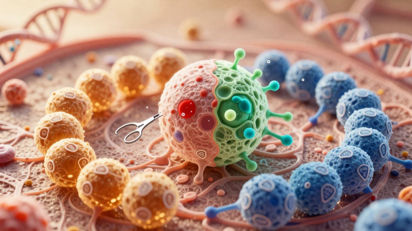 Representação 3D de células coloridas com ferramentas cirúrgicas simulando edição genética e DNA ao fundo.