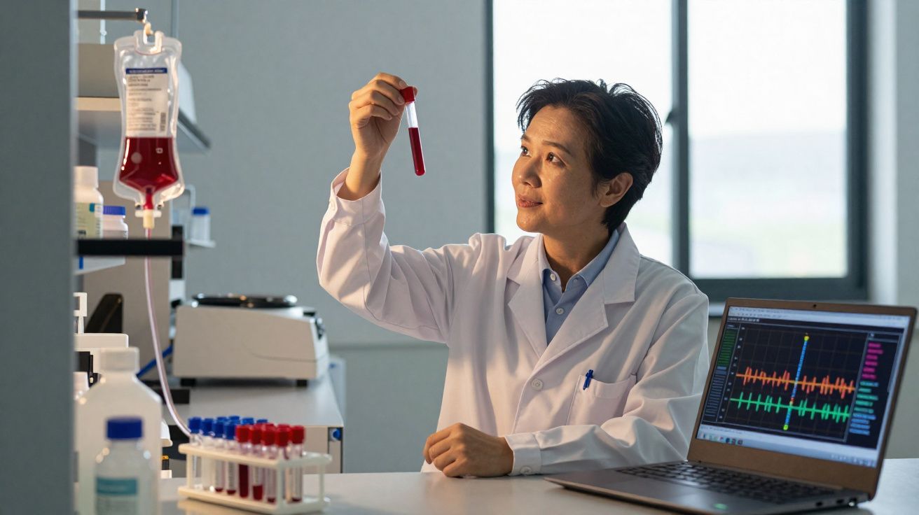 Cientista em bata branca examina tubo de ensaio com sangue num laboratório equipado com computador.