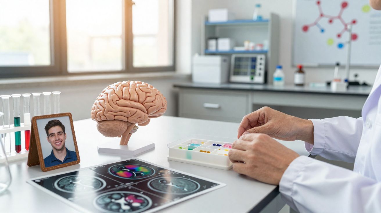 Mãos de médico em laboratório com modelo de cérebro, imagens cerebrais, tubo de ensaio e foto de jovem.