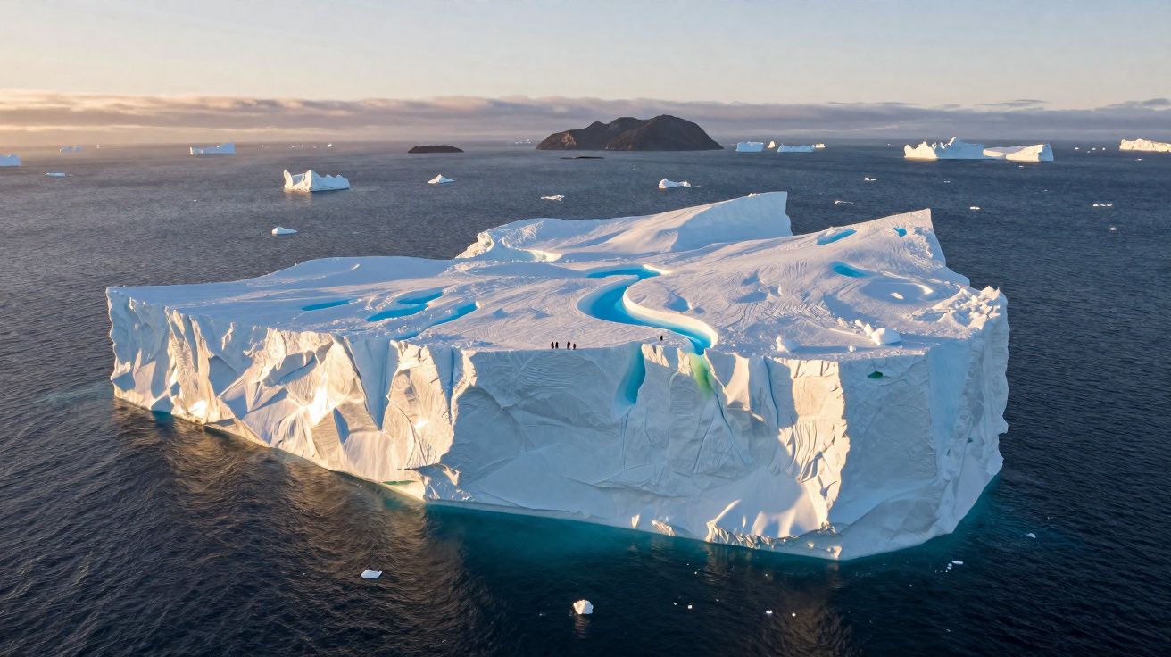 Iceberg gigante no oceano com ranhuras azuis e três pessoas na superfície, ilha ao fundo.