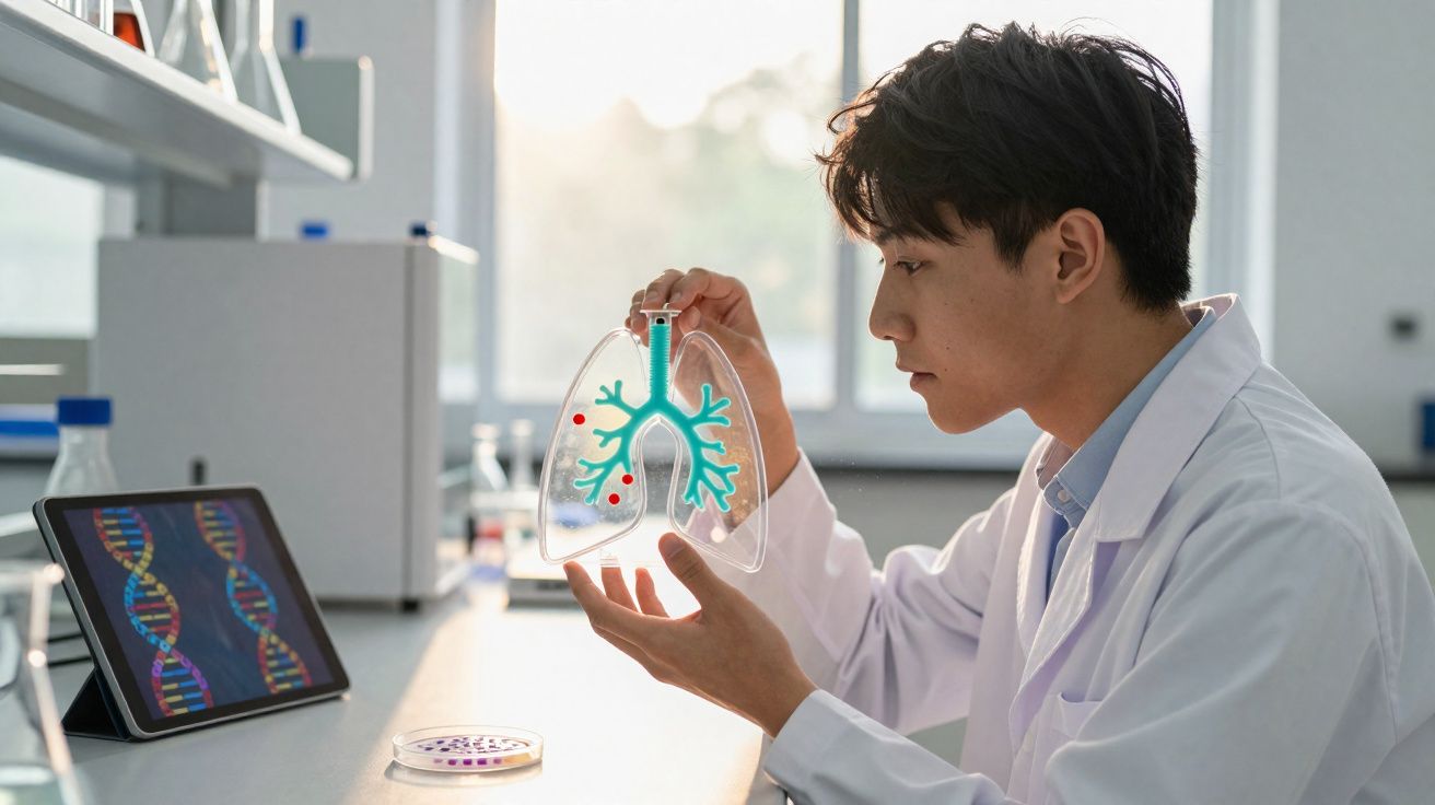 Cientista observa modelo de pulmão transparente com pontos vermelhos em laboratório moderno.
