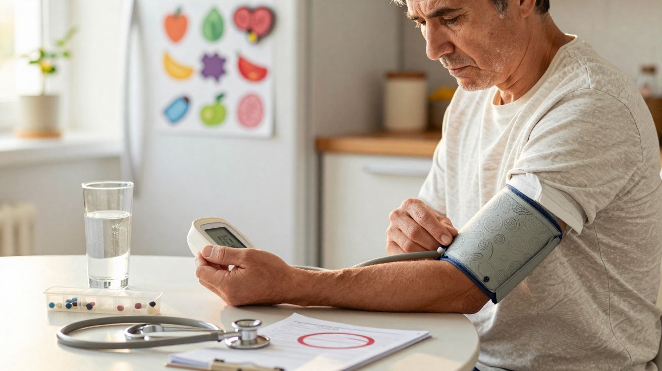 Homem a medir a pressão arterial em casa com aparelho digital enquanto está sentado à mesa.