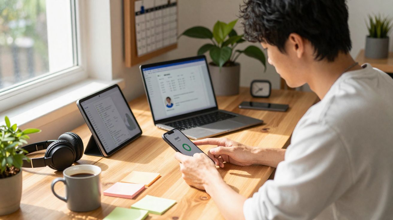 Pessoa a usar smartphone num escritório com laptop, tablet, plantas, café e fones de ouvido numa mesa de madeira.