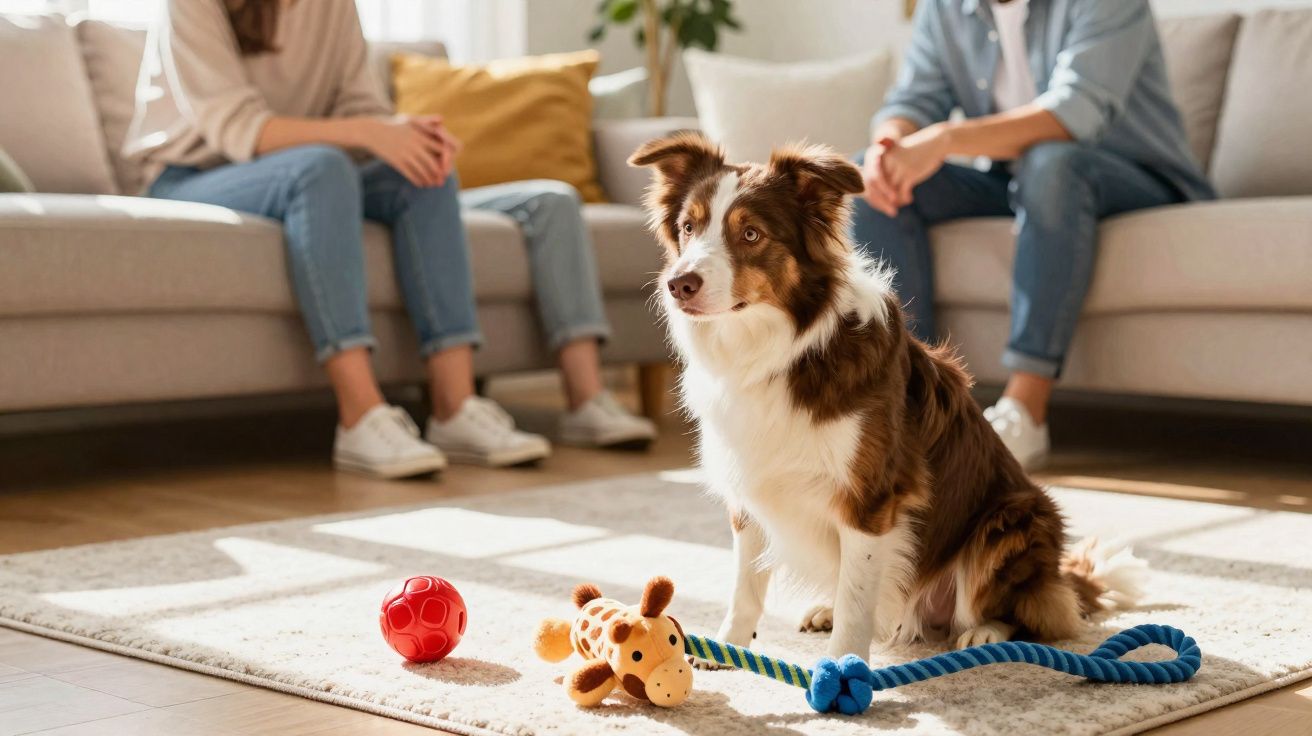 Cão castanho e branco sentado numa sala com brinquedos no chão, com duas pessoas no sofá ao fundo.