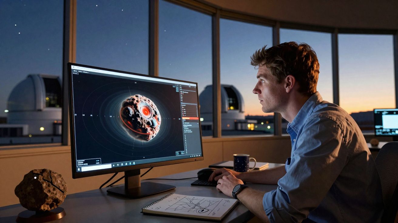 Homem a analisar imagem digital de planeta num ecrã com telescópios visíveis ao fundo ao anoitecer.