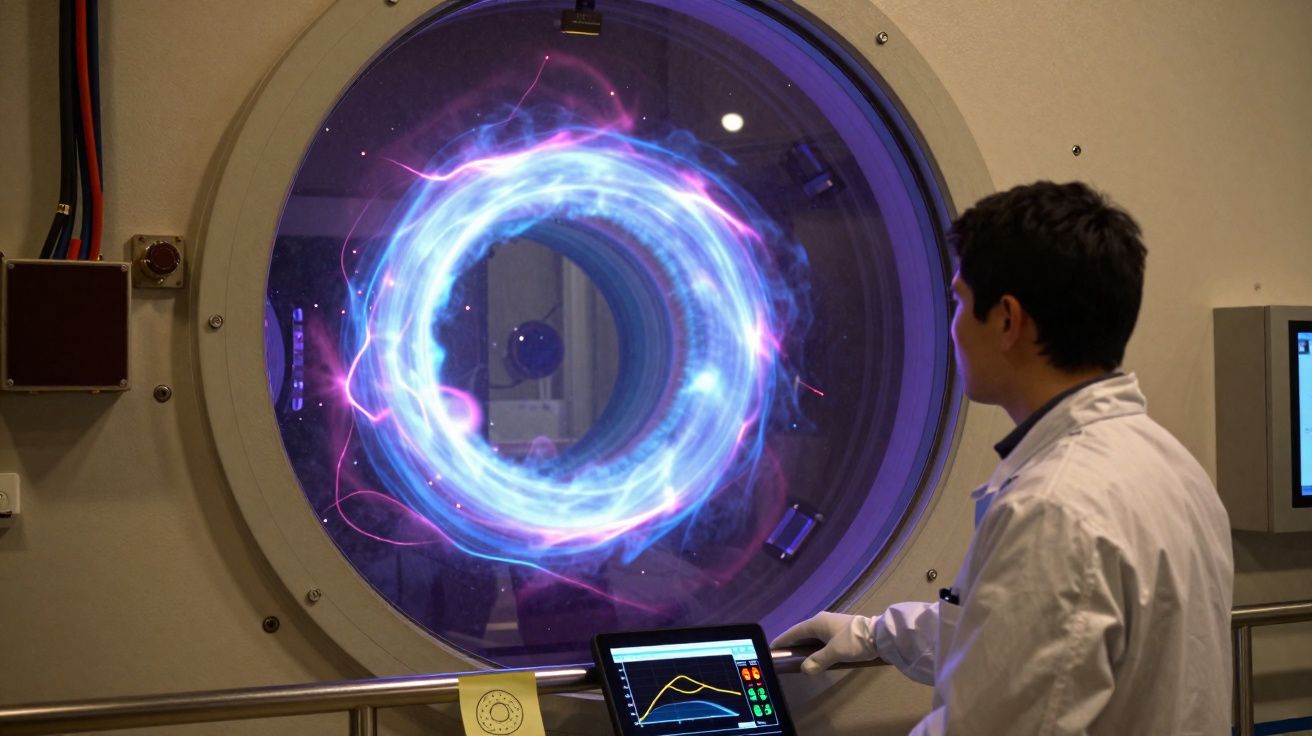 Homem de bata branca observa anel luminoso azul e roxo num equipamento científico circular.