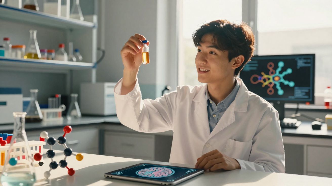 Cientista em laboratório a observar amostra líquida amarela com modelos moleculares e imagem cerebral digital na mesa.