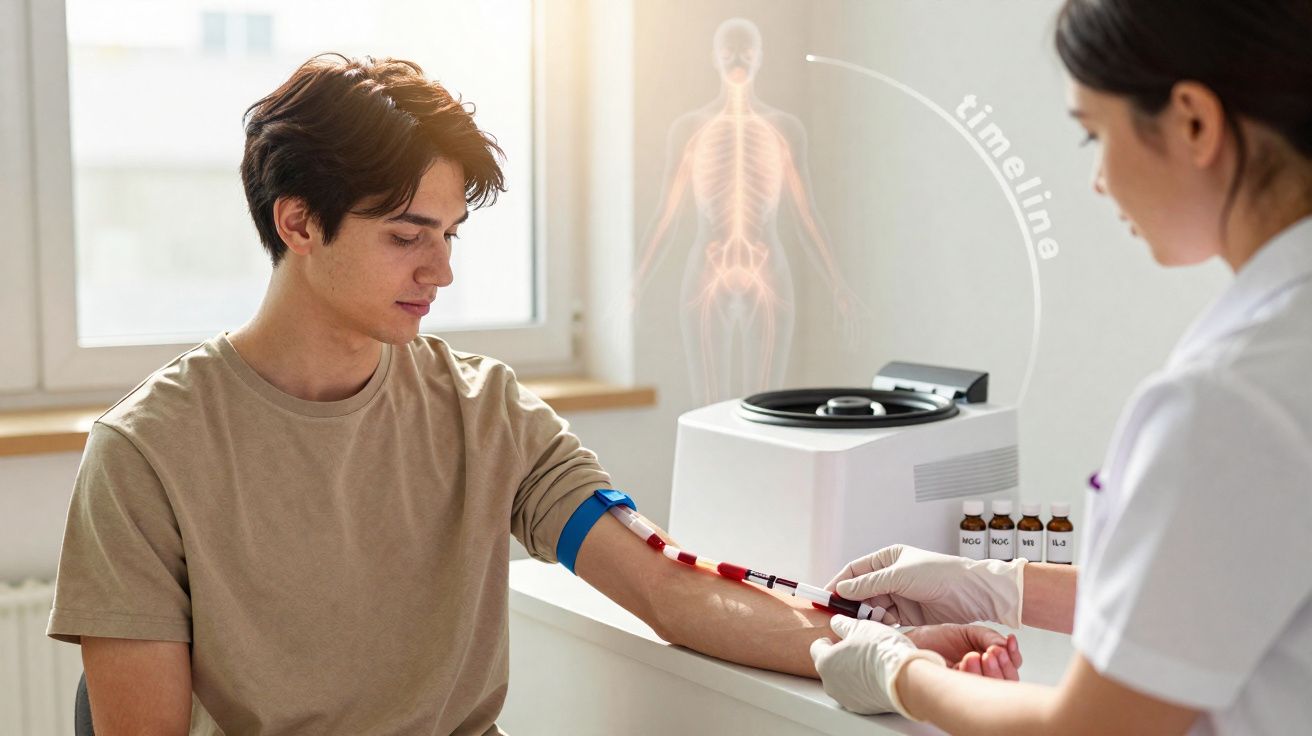 Jovem em consulta médica a realizar colheita de sangue por profissional de saúde em ambiente clínico.