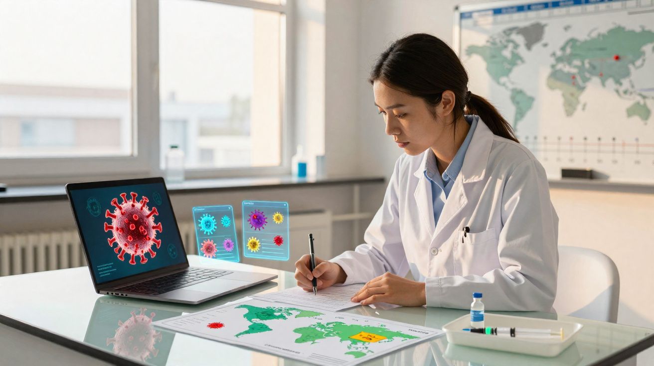 Cientista em bata branca analisa mapa com casos de vírus, com laptop a mostrar imagens de vírus.