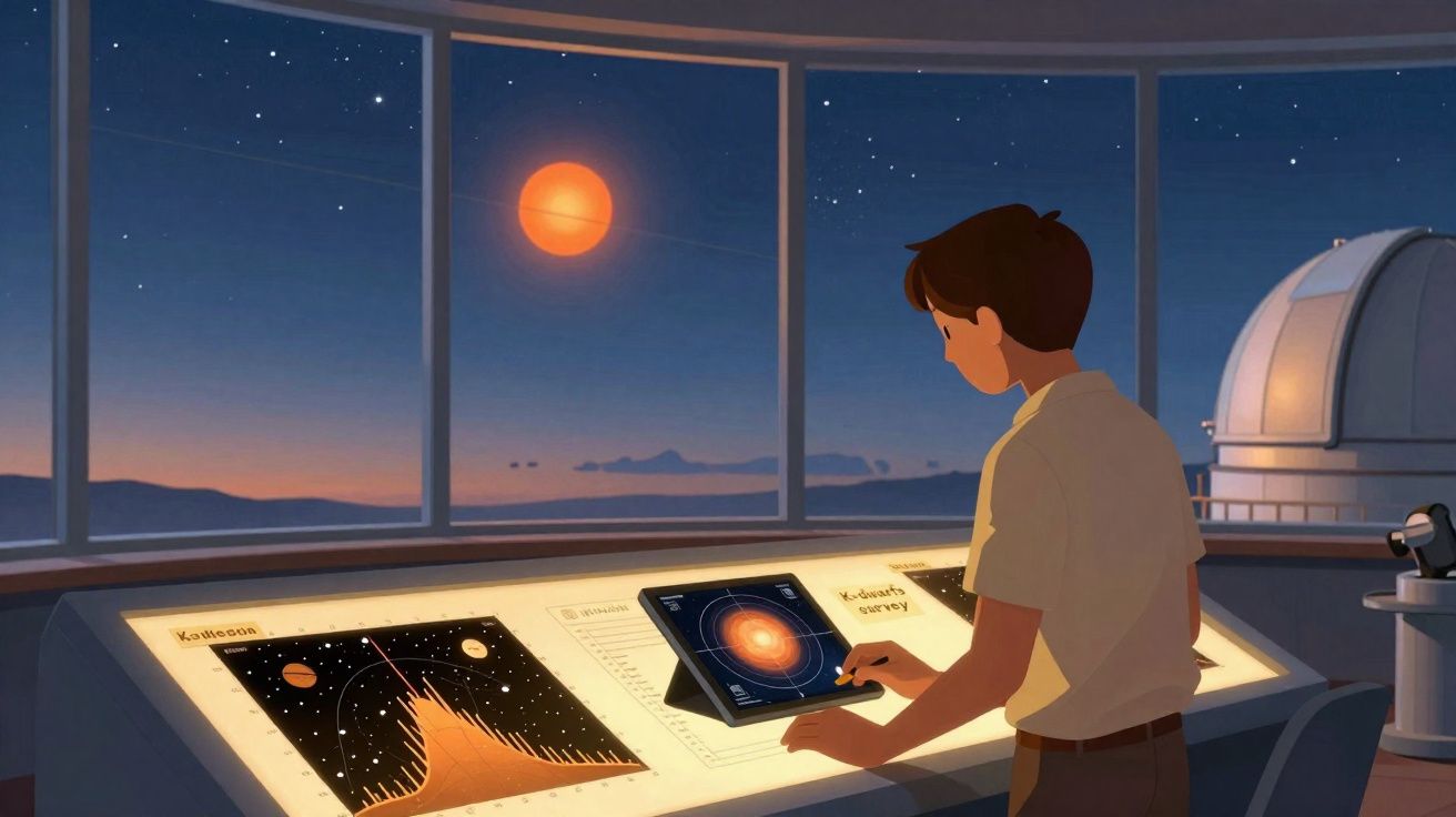 Pessoa a observar um tablet e mapas estelares numa sala com grande janela para o céu nocturno.