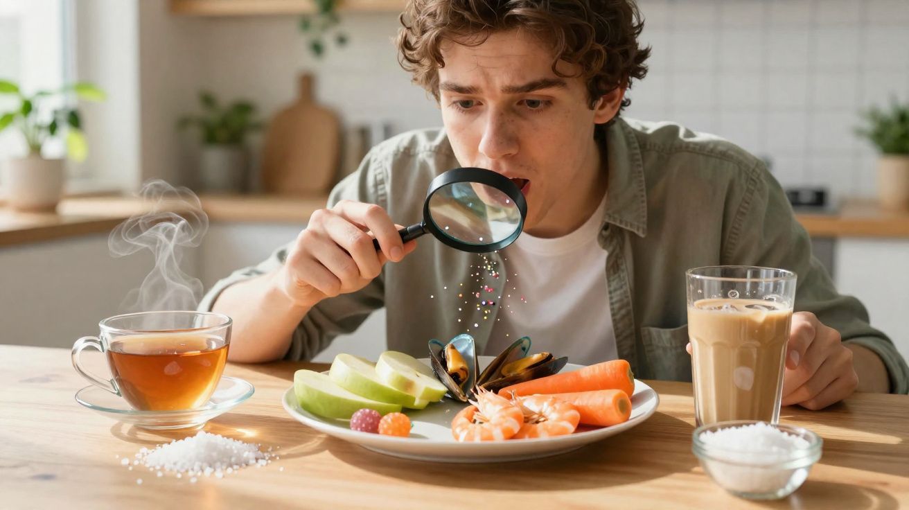 Homem usa lupa para observar cuidadosamente comida saudável numa cozinha iluminada.