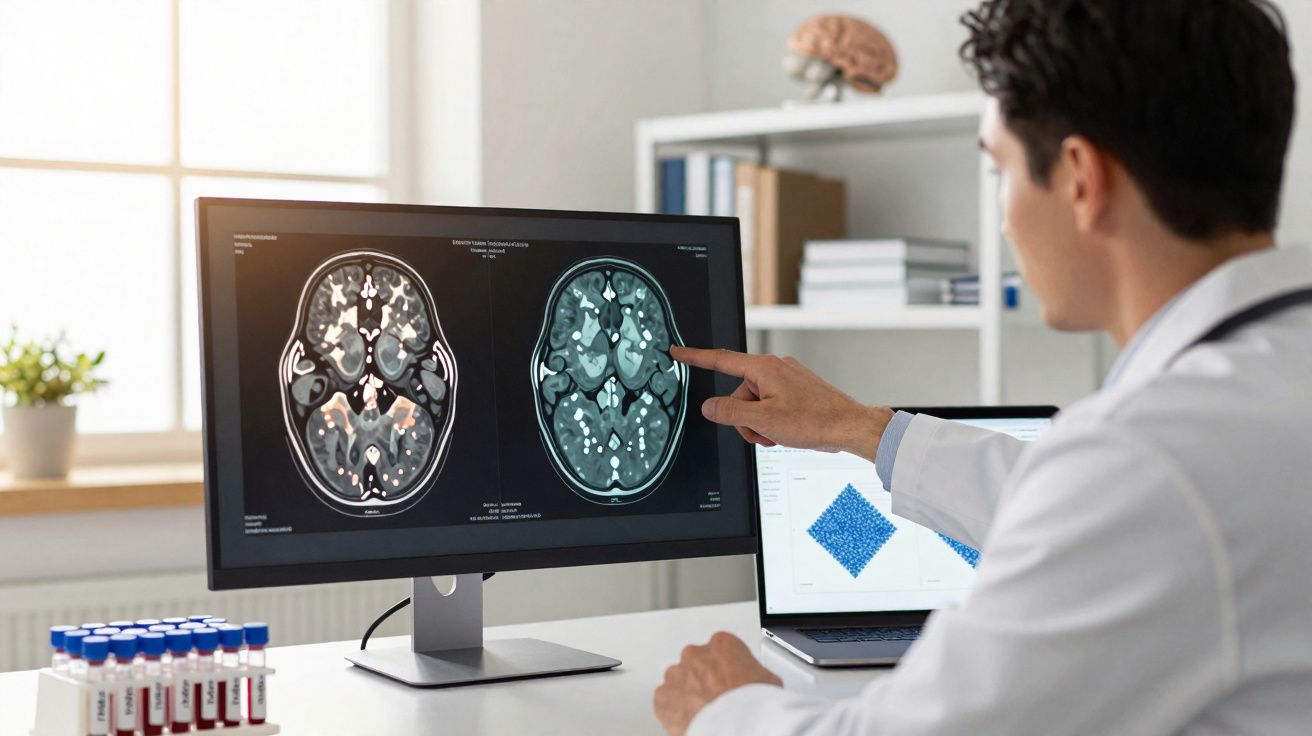 Médico analisa imagens de ressonância magnética do cérebro num monitor de computador num consultório clínico.