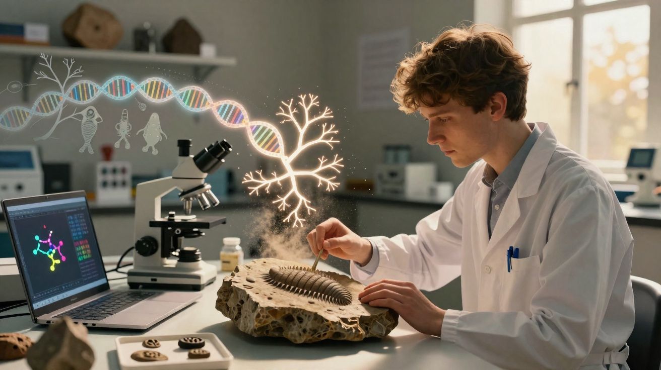 Jovem cientista em laboratório analisa fóssil com representação digital de DNA e neurónios.