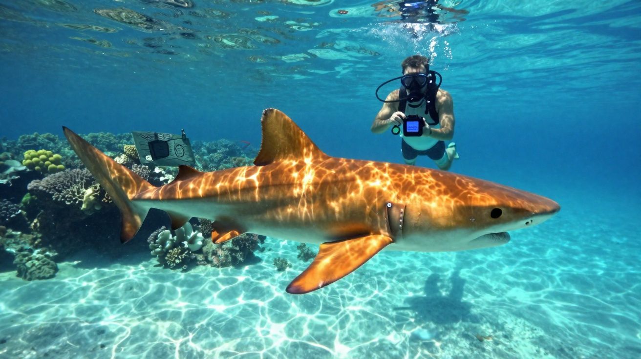 Mergulhador com equipamento de filme a fotografar um tubarão nadando em água cristalina sobre recife.