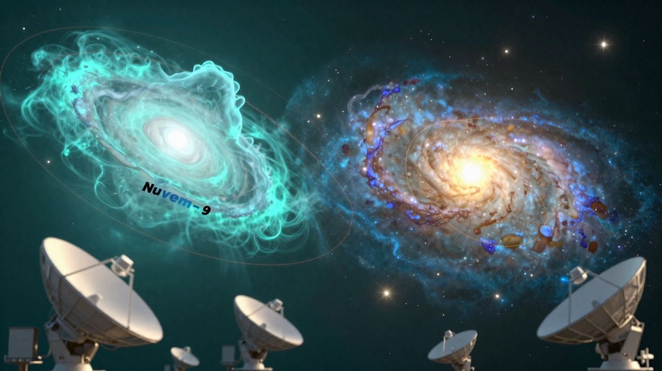 Radiotelescópios apontados para duas galáxias espirais com cores azul e alaranjada no espaço.