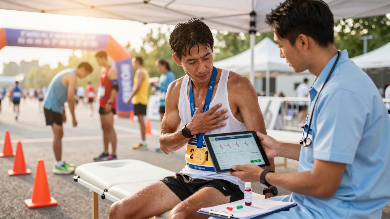 Atleta sentado a conversar com profissional de saúde que mostra resultados num tablet após corrida.