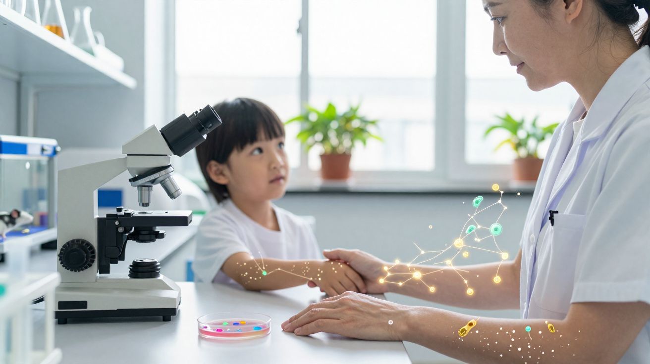 Criança e médica em consultório, com microscópio e representação gráfica de rede molecular nos braços.