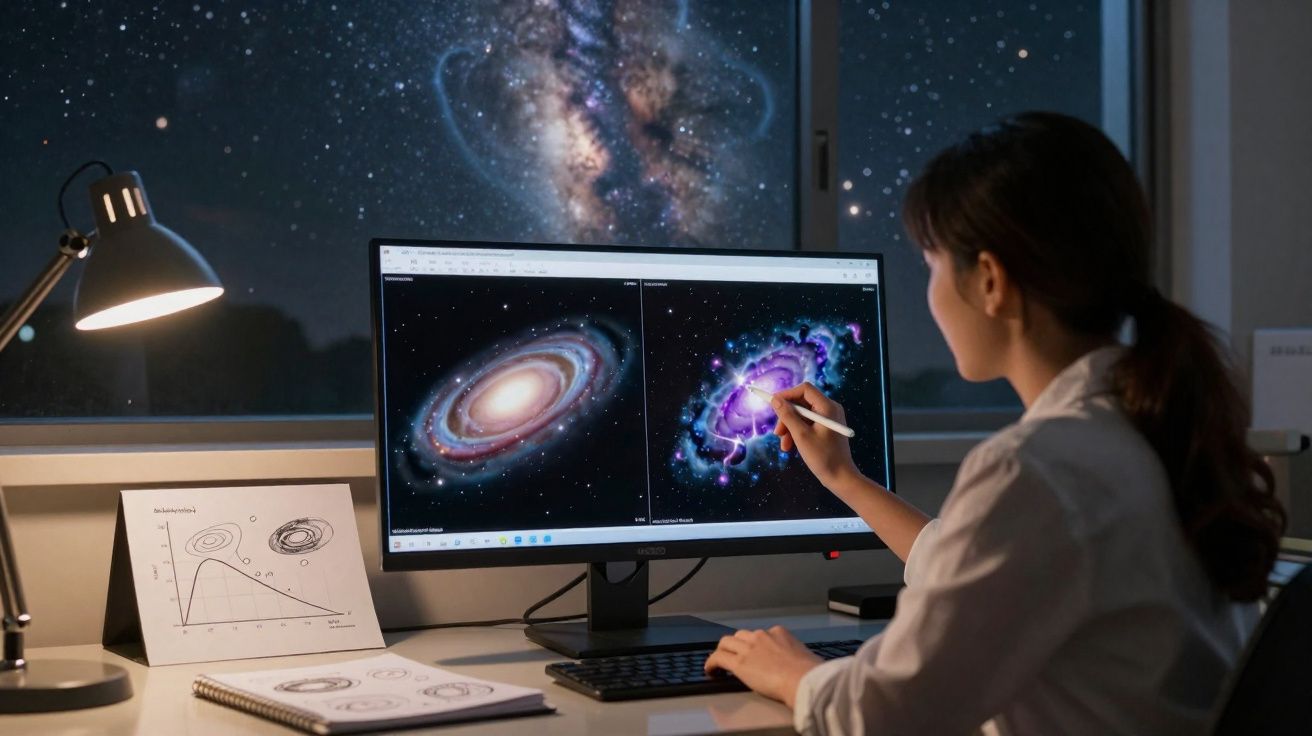 Pessoa a editar imagens de galáxias num ecrã de computador numa sala escura com janela para o céu estrelado.