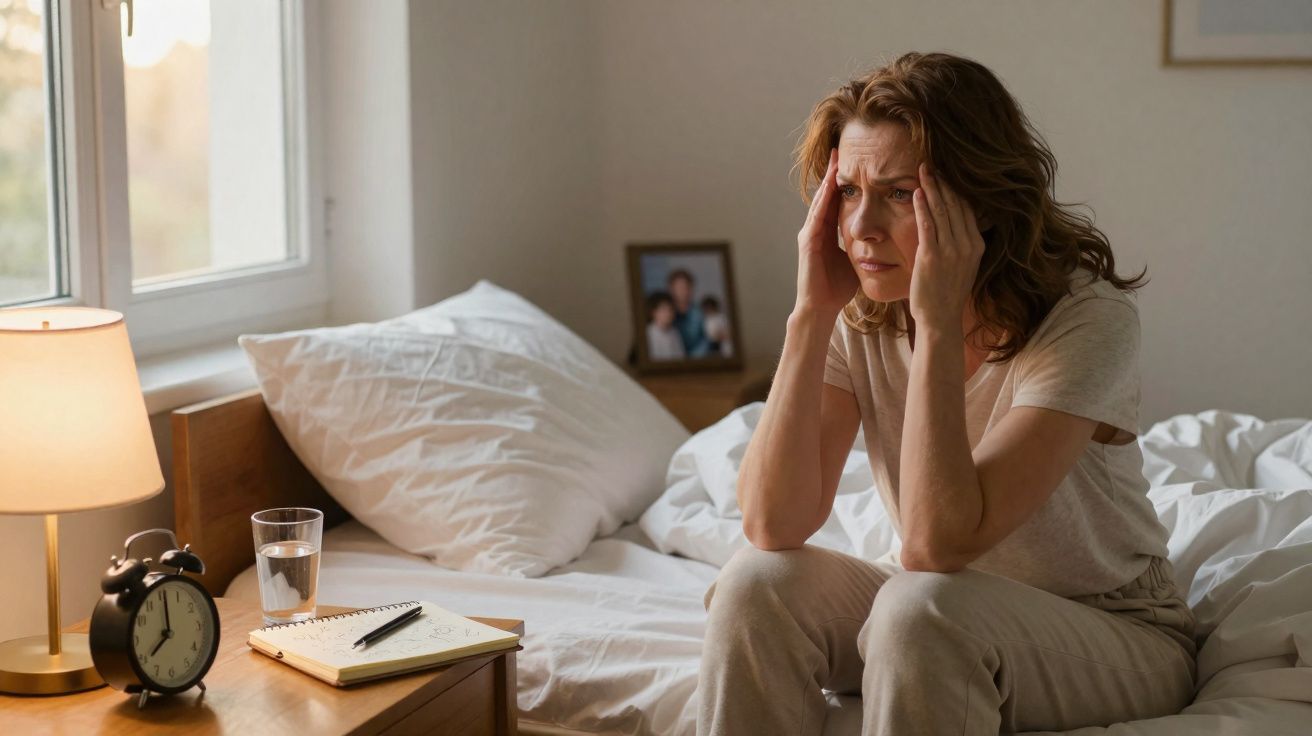 Mulher sentada na cama com expressão preocupada, segurando a cabeça com as mãos.