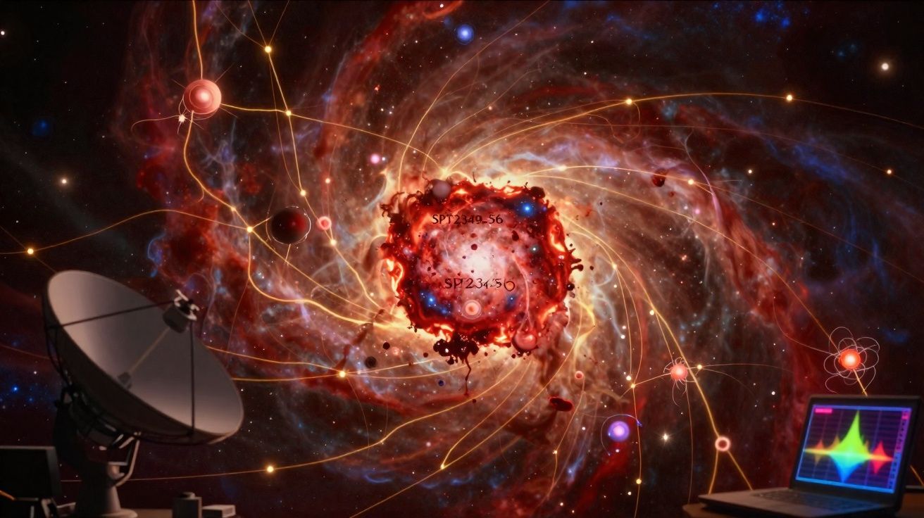 Antena parabólica a analisar dados de uma tempestade cósmica colorida no espaço com gráficos num ecrã.