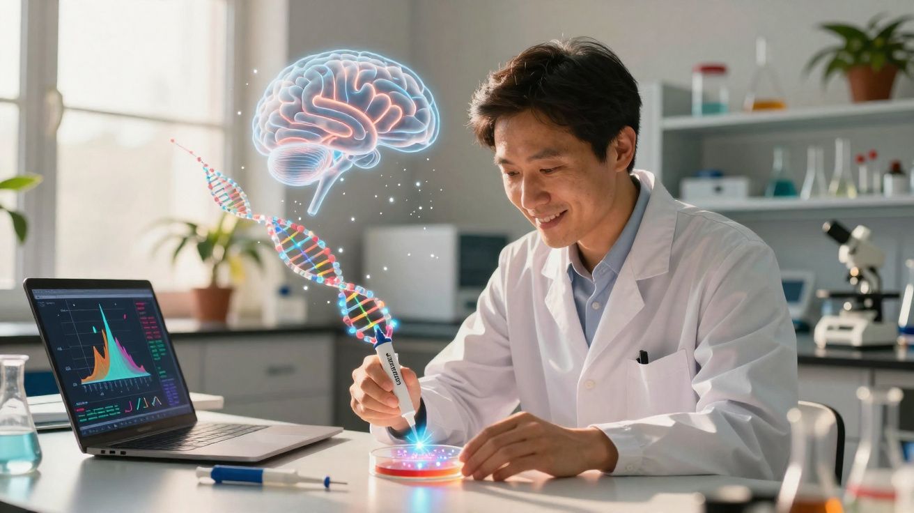 Cientista em laboratório com hologramas de ADN e cérebro a analisar amostra numa placa de Petri.