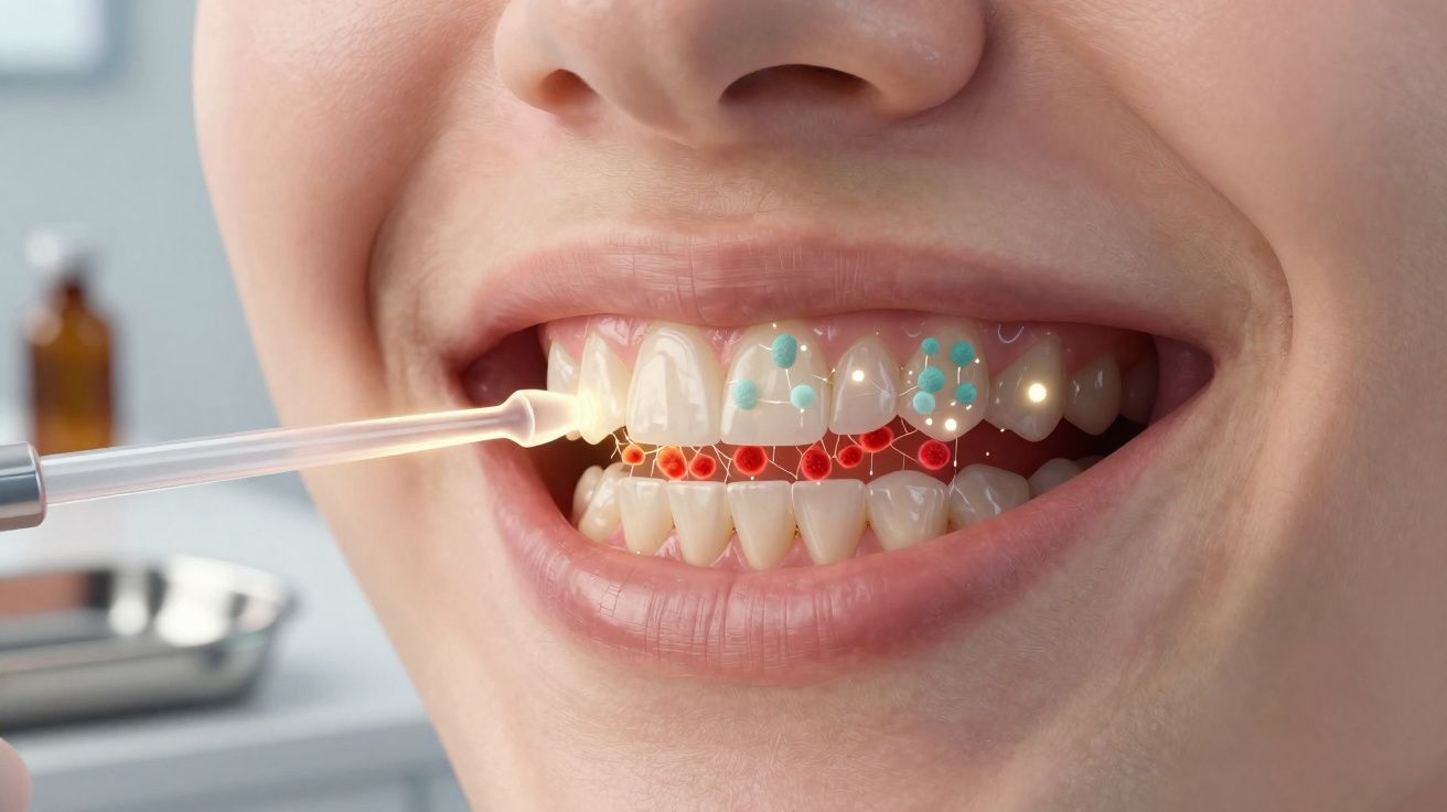 Pessoa a receber aplicação de tratamento dentário com destaque em partículas coloridas nos dentes.