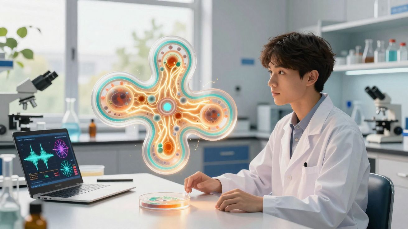 Cientista jovem de bata branca analisa organismo microscópico holográfico num laboratório moderno.