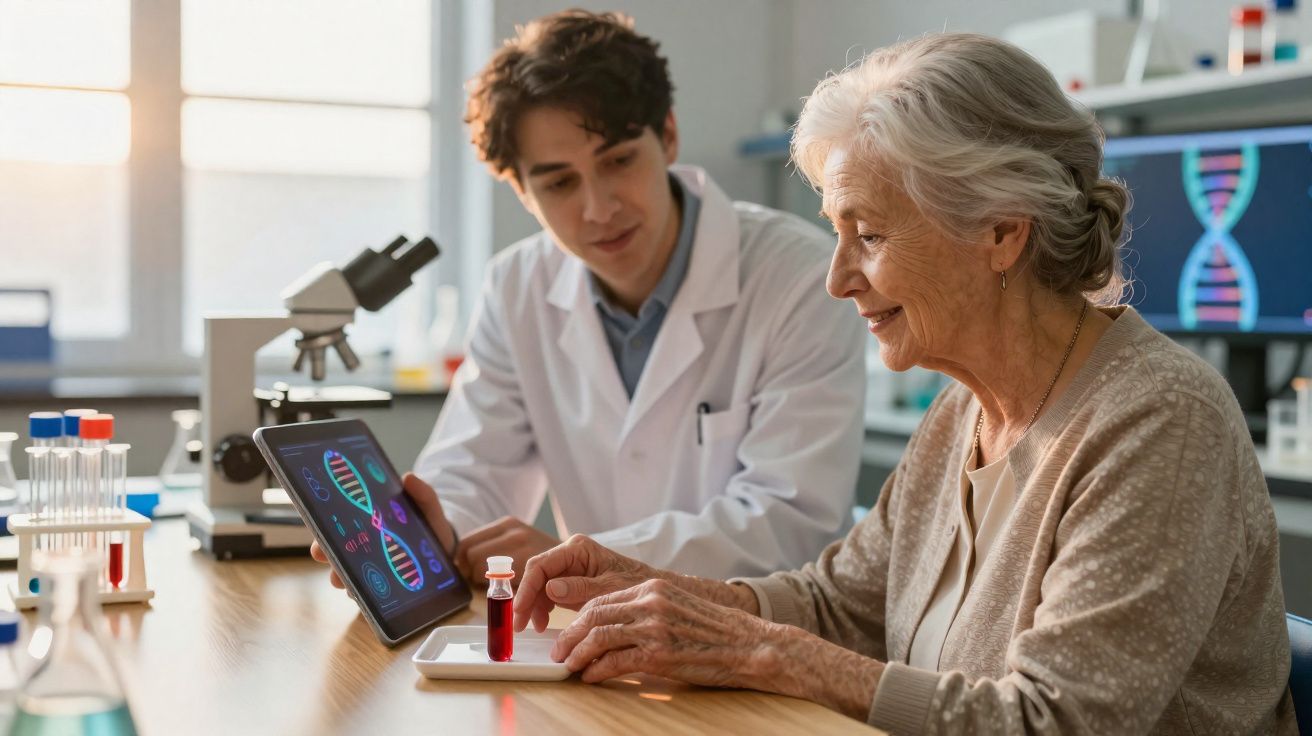 Cientista mostra análise de DNA a idosa em laboratório com equipamento de teste e amostras.
