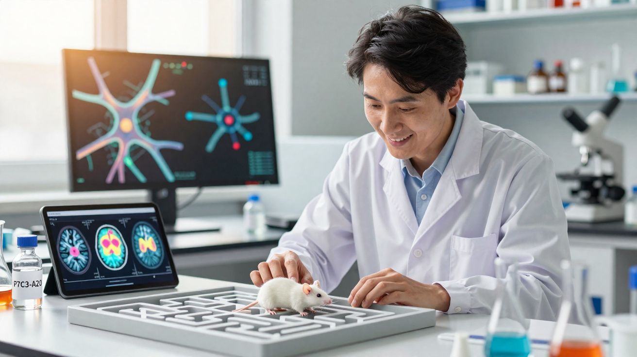 Cientista em laboratório observa rato branco num labirinto, com imagens cerebrais em ecrãs ao fundo.