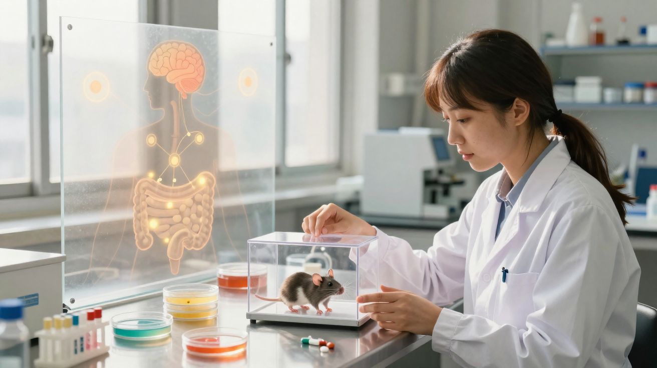 Cientista em laboratório com rato em caixa transparente e gráfico do sistema digestivo humano digitalizado.