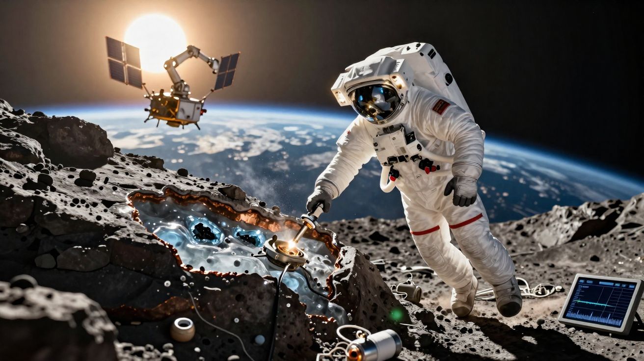 Astronauta em fato espacial realiza experimento numa superfície lunar com a Terra e um satélite ao fundo.