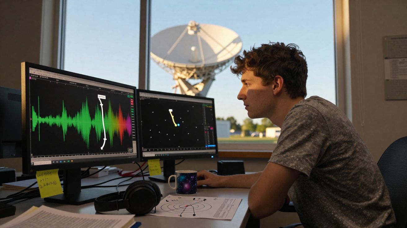 Jovem a analisar gráficos de áudio e dados astronómicos em dois ecrãs, com antena parabólica ao fundo.
