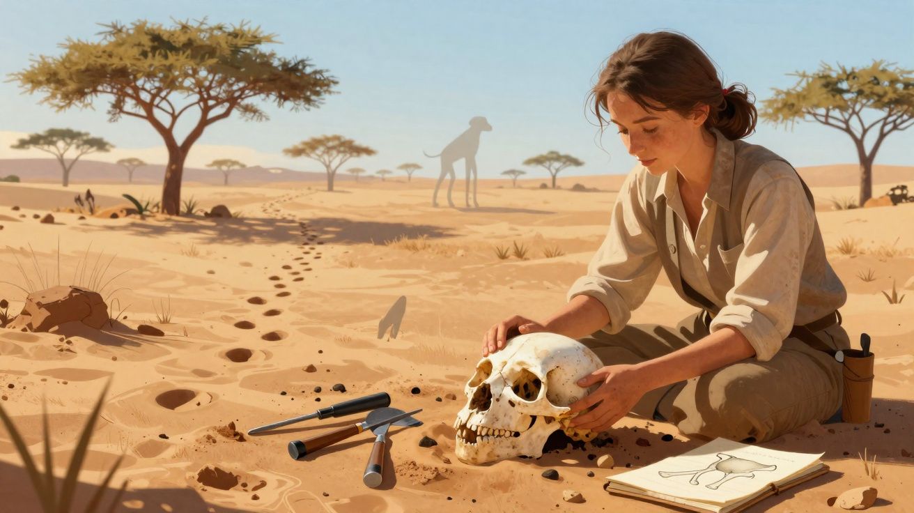 Mulher arqueóloga sentada na areia segura um crânio humano com ferramentas e caderno de desenho ao lado.