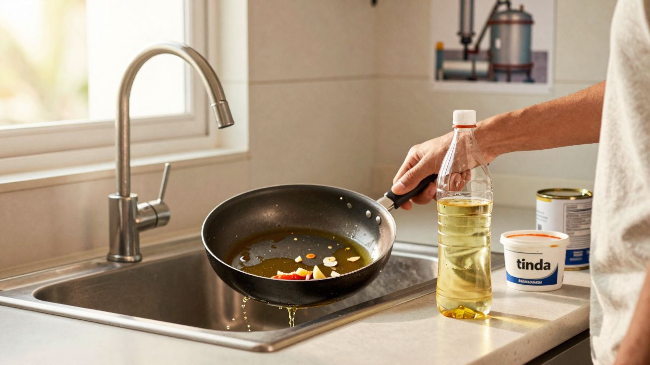 Pessoa a despejar óleo de cozinha numa frigideira com alho e chile junto a uma pia na cozinha.