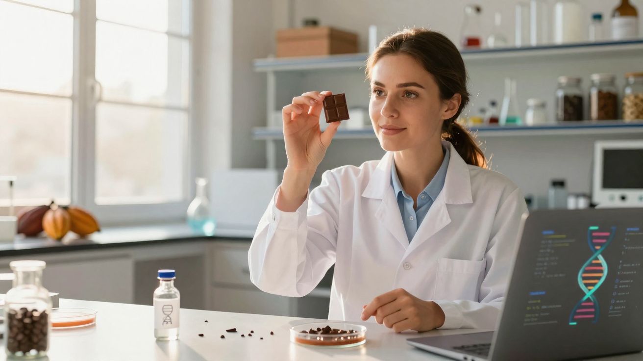 Cientista feminina em laboratório a analisar pedaço de chocolate com cadeias de ADN no ecrã do portátil.