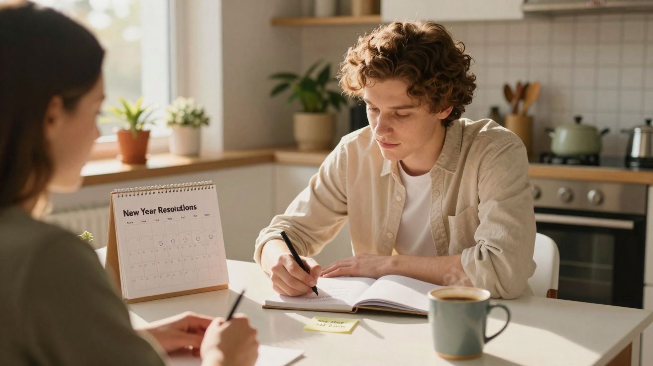 Duas pessoas sentadas à mesa da cozinha a escrever em cadernos, com um calendário de resoluções na mesa.