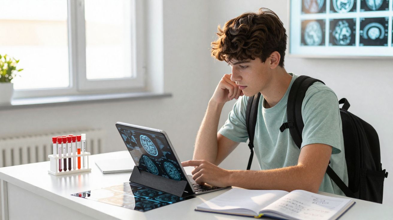 Jovem a estudar imagens de radiografia cerebral num tablet numa mesa com livros e tubos de ensaio.