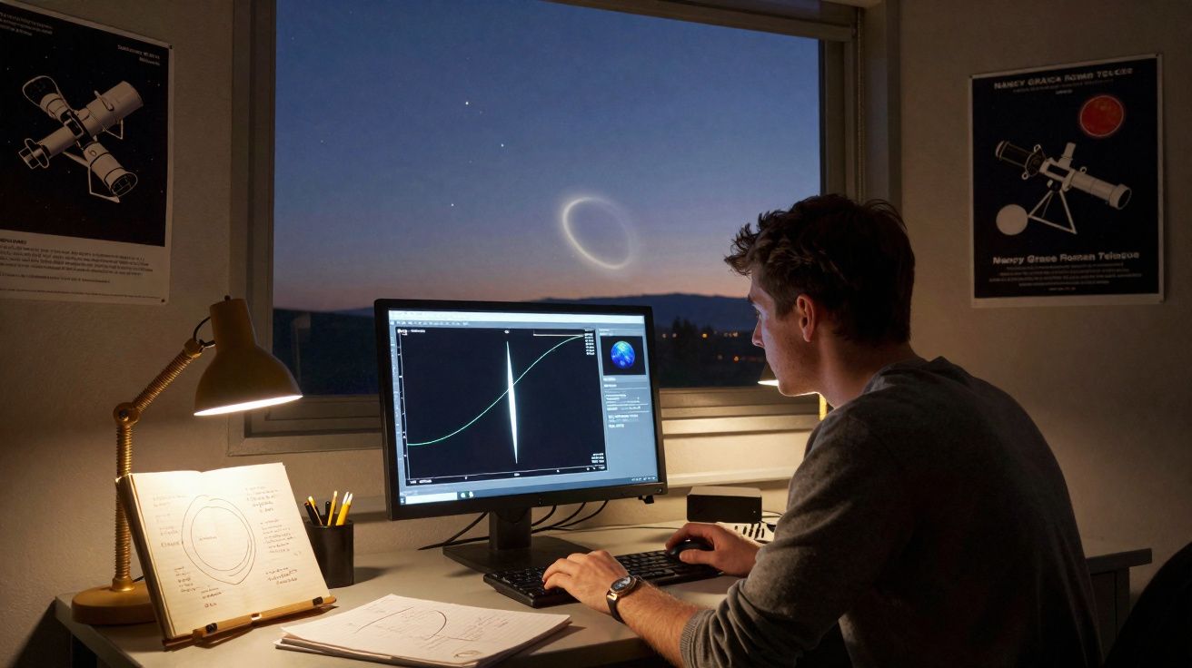 Jovem a trabalhar num gráfico num computador, com anel brilhante no céu noturno visível pela janela.