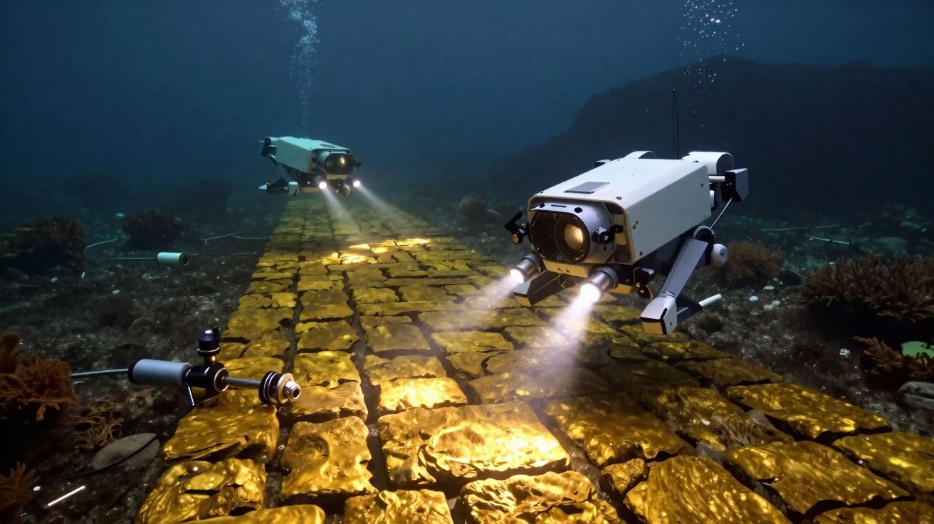 Dois robôs subaquáticos iluminam um caminho dourado no fundo do mar durante uma exploração.