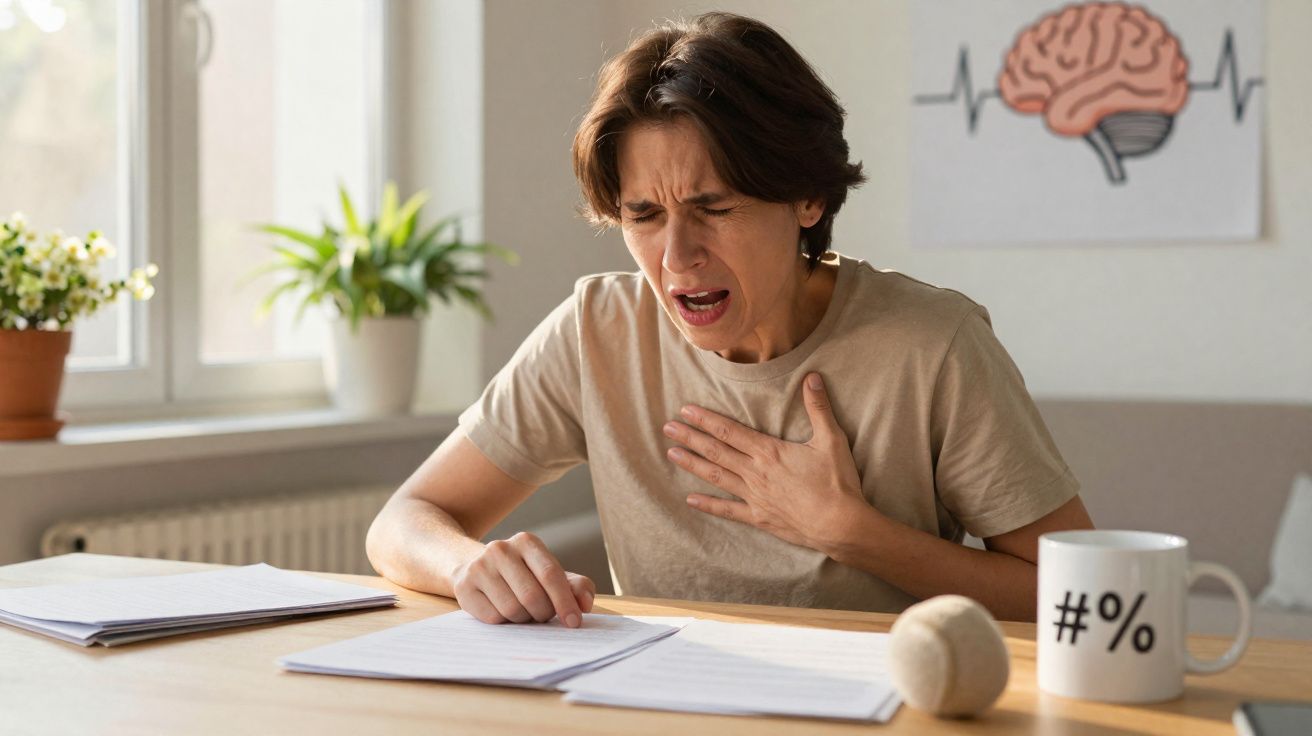 Pessoa sentada a cuspir ou engasgada com a mão no peito junto a documentos numa mesa.