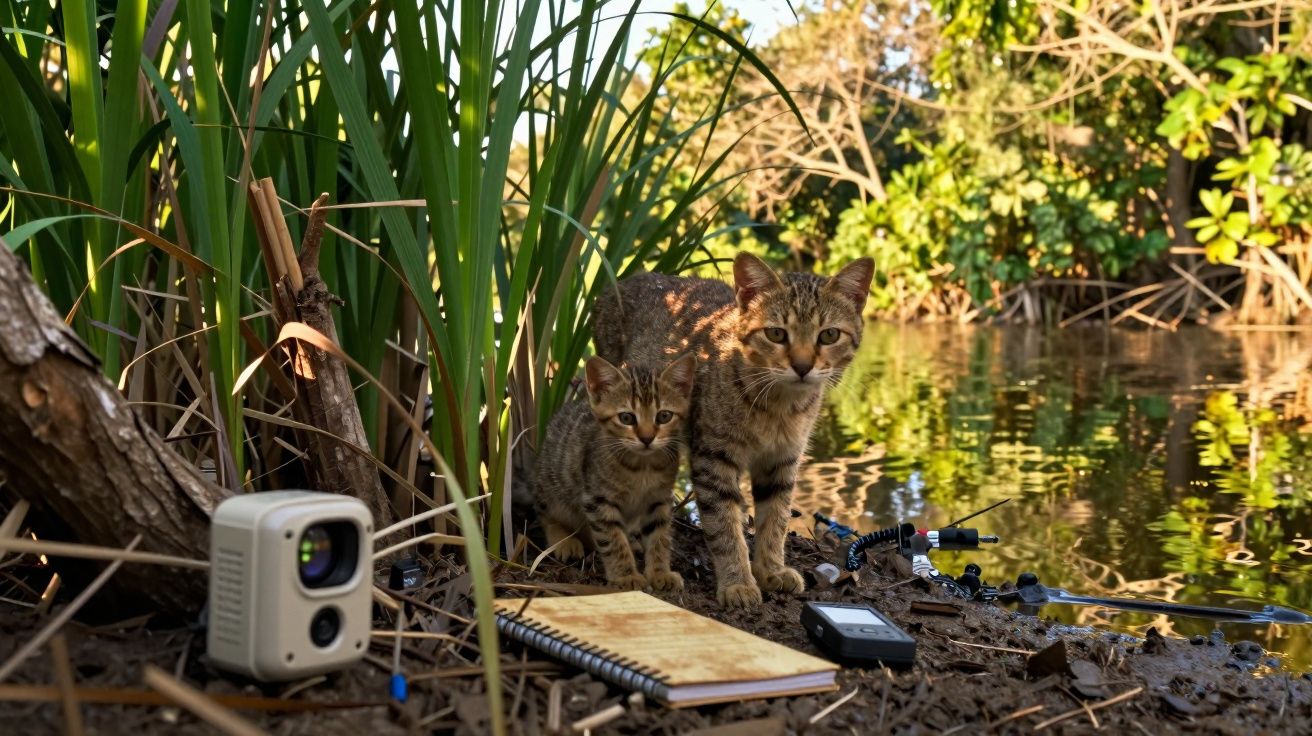 Dois gatos junto a água rodeados por plantas, uma câmara, um caderno e equipamentos tecnológicos.
