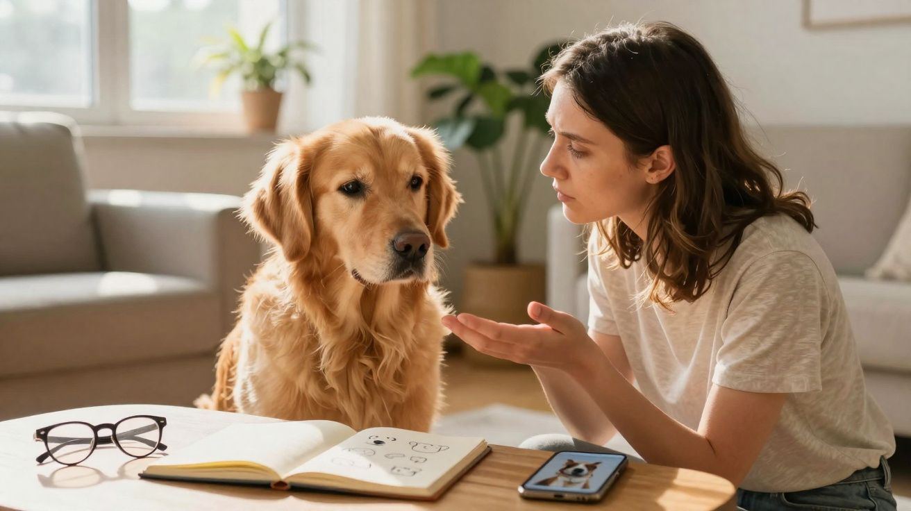 Mulher a conversar com cão golden retriever sentado ao lado de mesa com caderno e telemóvel.