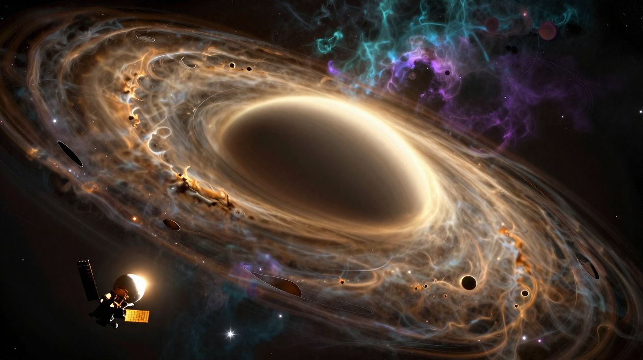 Buraco negro com disco de acreção brilhante e uma nave espacial próxima no espaço nebuloso.