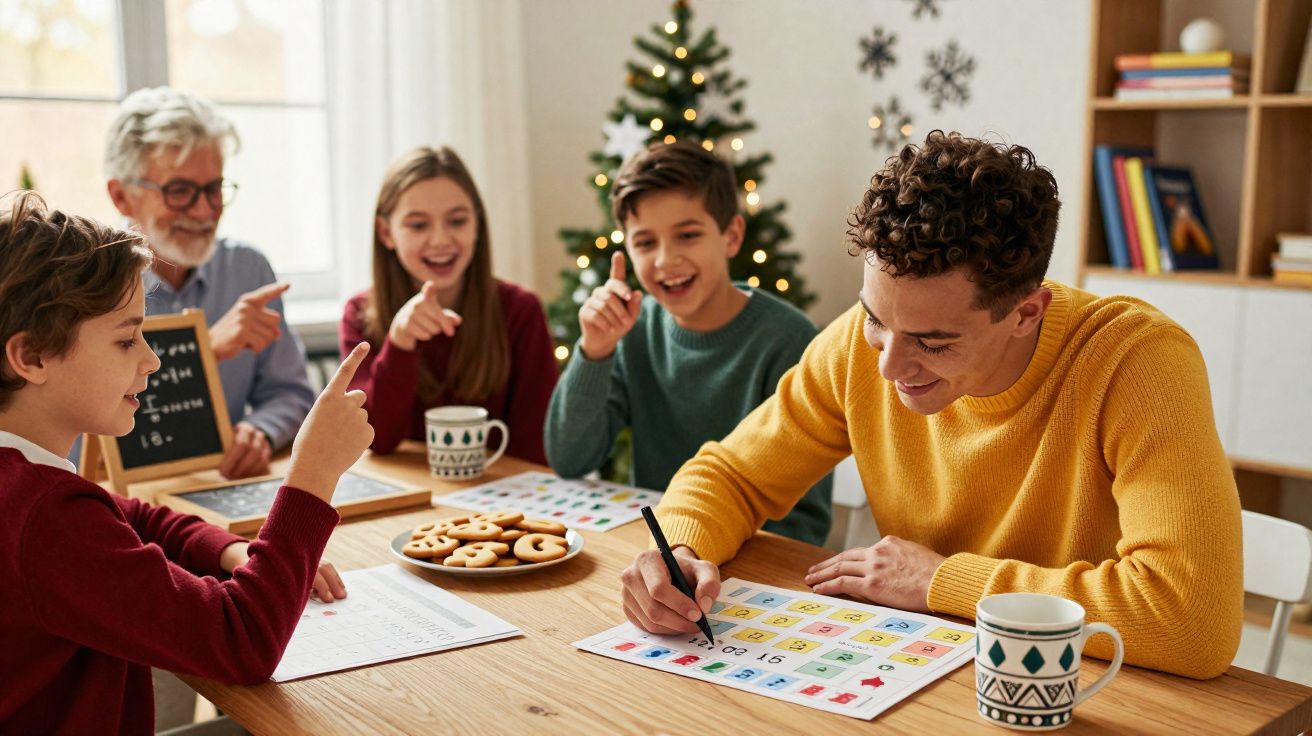 Família multigeracional a jogar bingo com árvore de Natal decorada ao fundo e bolachas na mesa.